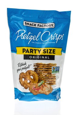 Winneconne, WI - 8 January 2023: A package of Snack factory pretzel crisps on an isolated background.