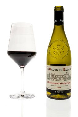 Winneconne, WI - 8 January 2023: A bottle of Les Hauts de barville chateauneuf du pape wine on an isolated background.