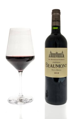 Winneconne, WI - 8 January 2023: A bottle of Cru Bourgeois superieur chateau beaumont wine on an isolated background.