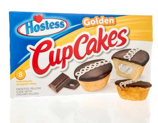 Winneconne Juli 2023 Eine Packung Golden Cupcakes Auf Isoliertem Hintergrund lizenzfreie Stockfotos