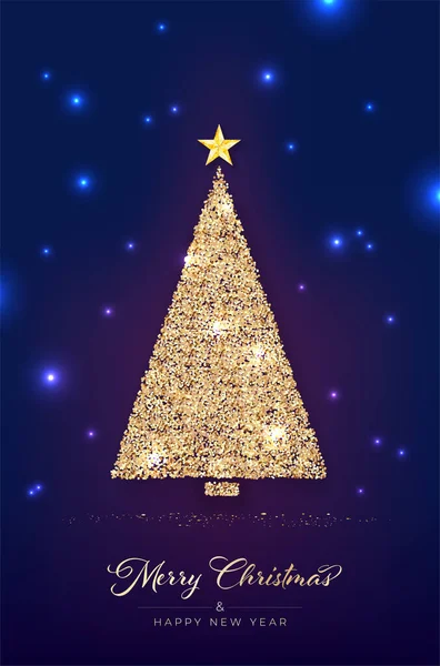 Árbol Navidad Oro Abstracto Con Estrella Luces Sobre Fondo Azul — Vector de stock