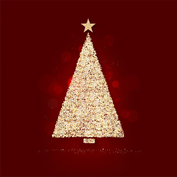 赤い背景に星と光を持つ抽象的な黄金のクリスマスツリー メリークリスマスの願い ベクターイラスト — ストックベクタ