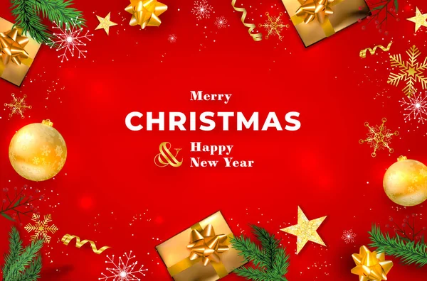 Red Merry Christmas Happy New Year Card Con Elementi Natalizi — Vettoriale Stock