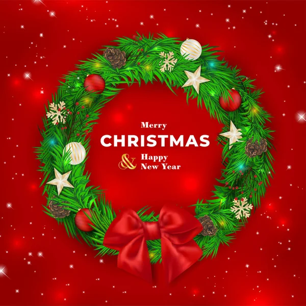 赤い光沢のある背景に休日の装飾要素を持つクリスマススプルースの花輪 メリークリスマスカード ベクターイラスト — ストックベクタ