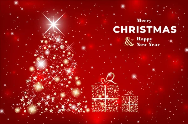 Biglietto Natale Rosso Con Albero Lucido Astratto Regali Illustrazione Vettoriale — Vettoriale Stock