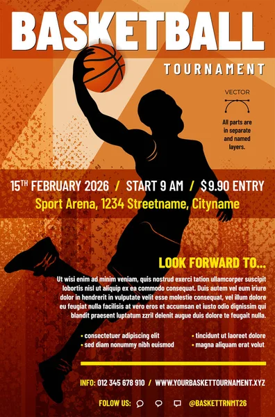Plakatvorlage Für Basketballturniere Mit Abstrakter Silhouette Eines Springenden Spielers Vektorillustration — Stockvektor