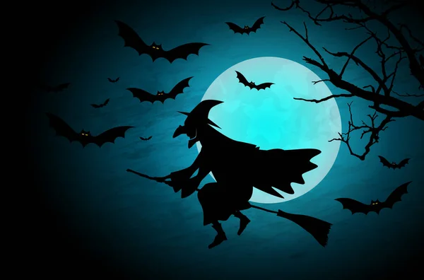 stock vector Silhouette of witch flying on broomstick, bats and moon - spooky night scenery. Vector illustration.