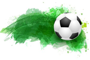 Soyut yeşil zemin üzerinde futbol topu boya sıçramaları ve kirli doku - vektör illüstrasyon