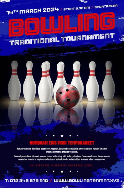 Corsia Bowling Con Spilli Palla Testo Campione Modello Poster Illustrazione — Vettoriale Stock