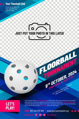 Floorball tournament poster template with ball and place for your photo - vector illustration clipart