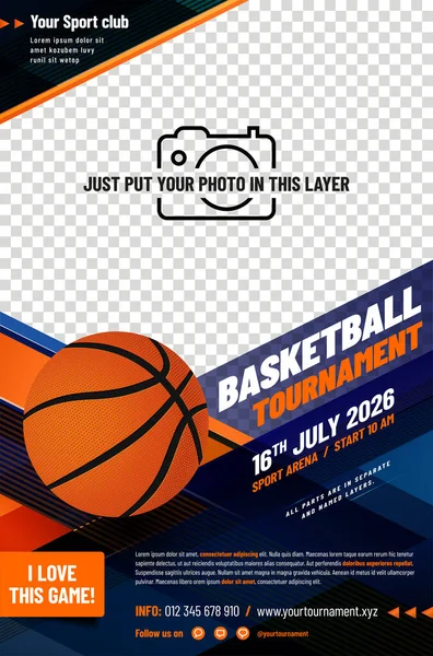 Modello Poster Del Torneo Basket Con Palla Posto Tua Foto — Vettoriale Stock