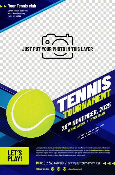 Tennis Tournament Poster Template Ball Place Your Photo Vector Illustration — Stockvektor