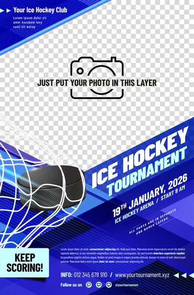 Plakat Turnieju Hokeja Lodzie Szablon Krążkiem Bramka Miejsce Zdjęcie Ilustracja — Wektor stockowy