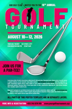 Golf poster şablonu golf sopaları, top ve örnek metin ayrı katman - vektör illüstrasyonu