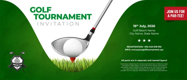 Plantilla Invitación Para Torneo Golf Pelota Golf Palo Golf Fondo — Vector de stock