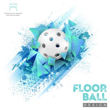 Abstract background with stripes, grungy texture, 3D pyramid shapes and floorball ball - vector illustration clipart