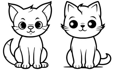 Siyah ve beyaz çizim - çocuk çizim tarzında oturan iki kedi yavrusu çizimi - vektör illüstrasyonu