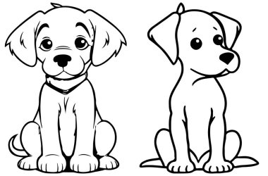 Siyah ve beyaz çizim - çocukların çizim tarzında oturan iki köpeğin çizimi - vektör illüstrasyonu