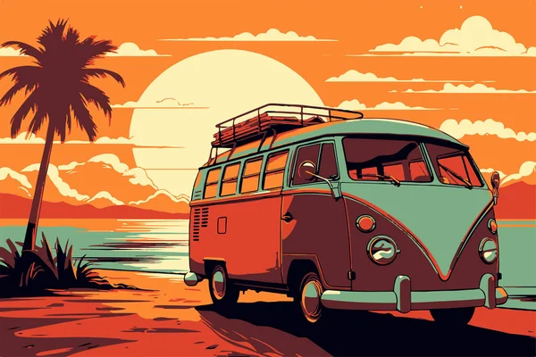 Günbatımında Plajda Retro Minibüs Seyahat Konsepti Vektör Illüstrasyonu — Stok Vektör