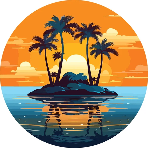Tropik Gün Batımı Deniz Ada Palmiye Ağaçları Bulutlu Harika Akşam — Stok Vektör
