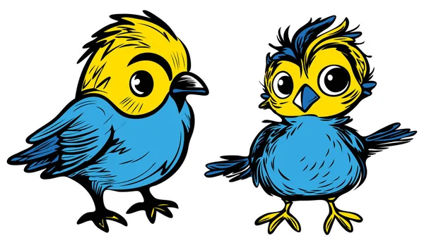 Dois Pássaros Engraçados Abstratos Estilo Ilustração Infantil Isolados Fundo Branco — Vetor de Stock