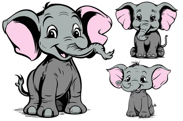 Set Tre Elefanti Allegri Divertenti Stile Illustrazione Bambini Isolati Sfondo — Vettoriale Stock