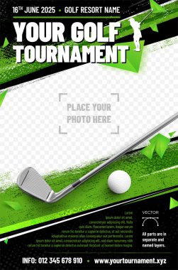 Golf poster template with club, ball and place for your photo - vector illustration