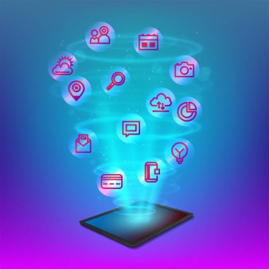 Uygulamanın soyut bulutu veya web simgeleri içeren siyah tablet - vektör illüstrasyonu