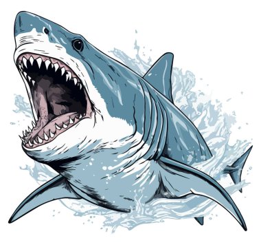 Keskin dişlerle dolu açık ağızlı köpekbalığı beyaz arka planda izole edilmiş. Vektör illüstrasyonu.