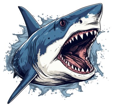 Shark with open mouth full of sharp teeth and water around it - isolated on white background. Vector illustration. clipart