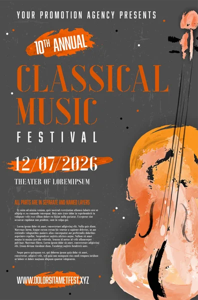 Classical Music Festival Poster Template Grungy Background Abstract Watercolor Viol — Stock Vector