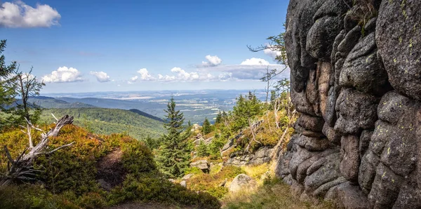 stock image Beautiful summer view from mountains to valley under blue sky - Jizera Mountains, Czech Republic, Europe