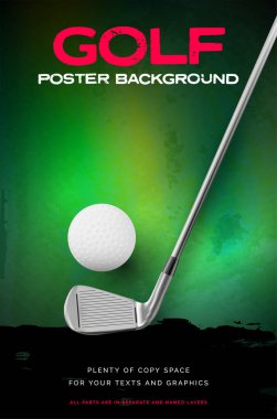 Top, metal sopa ve metin için kopyalama alanı olan pis golf arka planı - vektör illüstrasyonu