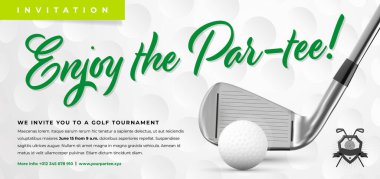 Metal kulüp, top ve örnek metin içeren golf turnuvası davetiye şablonu - vektör illüstrasyonu