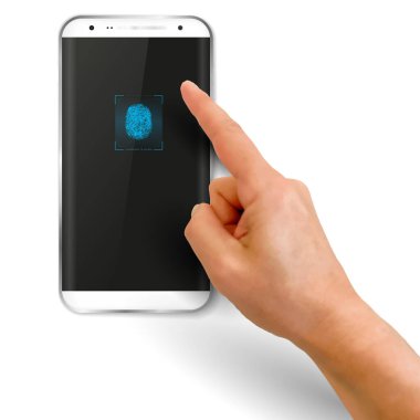 El ve parmak izi tarayıcılı cep telefonu dokunmatik ekran arayüzü - bilgisayar güvenlik kavramı. Vektör illüstrasyonu.