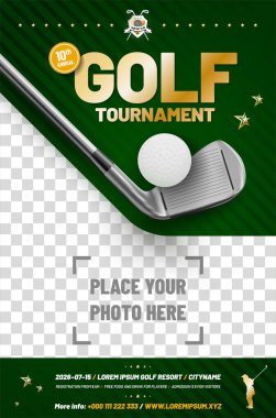 Golf poster template with club, ball and place for your photo - vector illustration