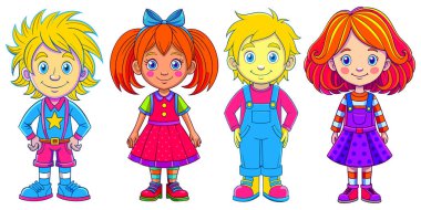 Dört sevimli çocuğun stilize bir tasviri. İki erkek, iki kız. Beyaz arka planda izole edilmiş. Vektör illüstrasyonu.