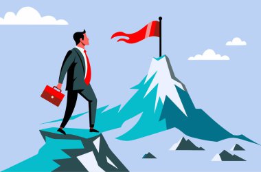 Takım elbiseli bir yönetici, kırmızı bayrakla dağın zirvesine tırmanır. Başarıya giden yol kavramı. Vektör illüstrasyonu.