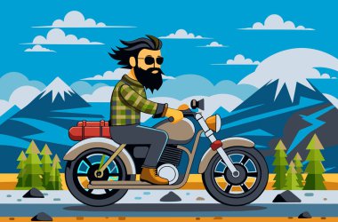Kareli gömlekli sakallı motosikletçi tepelik arazide motosiklet sürüyor - vektör çizimi