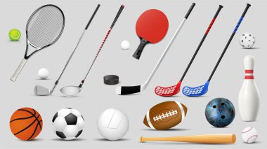 Basketbol, futbol, tenis, ragbi, futbol, futbol, beyzbol, voleybol, golf, masa tenisi, buz hokeyi ve bowling ekipmanları. Vektör illüstrasyonu.