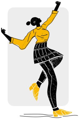 Etek ve bluz giymiş, elleri başının üstünde sevinç dolu siyah bir kadın çizimi. Vektör illüstrasyonu.