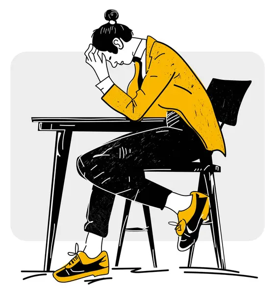 Masanın arkasında kafası elinde oturan üzgün, hayal kırıklığına uğramış ceketli adam. Biçimlendirilmiş vektör çizimi.