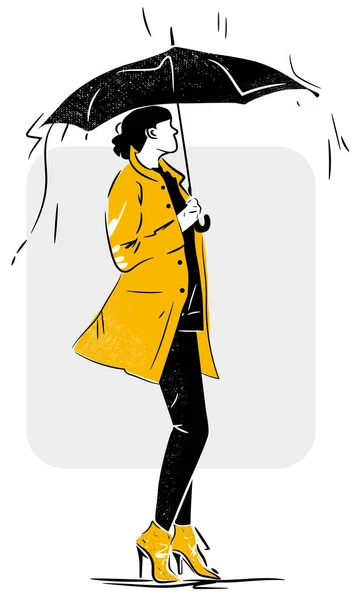 Woman Yellow Jacket Shoes Standing Umbrella Rain Stylized Vector Illustration — Stock Vector