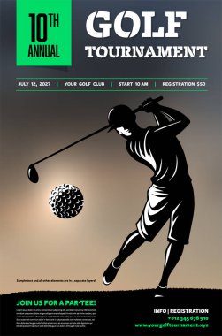 Golf turnuvası arka planında beyzbol topu ve fotokopi alanı var. Ayrı katmanlarda örnekleme metni. Vektör illüstrasyonu.