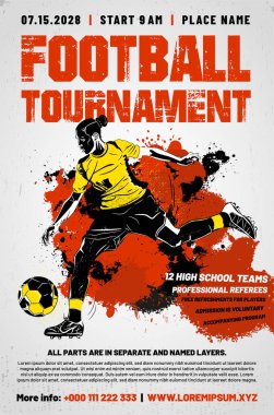 Futbol ya da futbol posteri şablonu top, sıçrama, çizik ve örnek metni olan futbolcunun stilize edilmiş çizimi - vektör illüstrasyonu