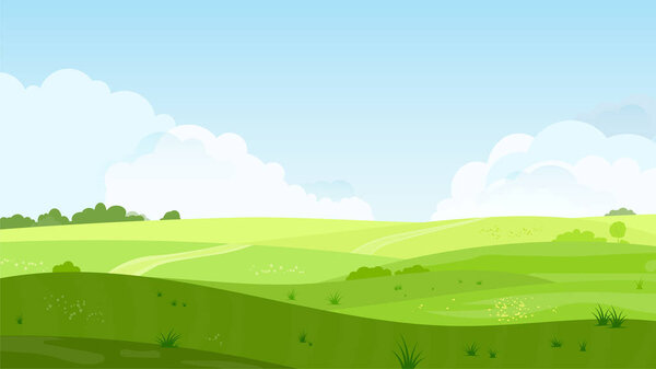 Abstract summer hilly landscape with meadows, plants, blue sky and clouds - vector illustration