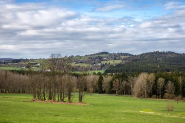 Yeşil çayır, orman, dağ evleri ve yamaçlardaki evler ve beyaz bulutlu mavi gökyüzü - Bohem-Moravya Dağları, Çek Cumhuriyeti, Avrupa