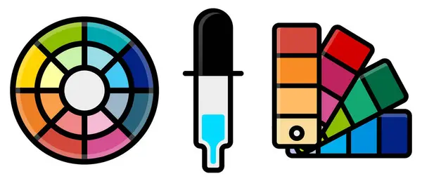 カラーホイール ドロッパー ペイントウォッチを備えたグラフィックデザインツールを表す3つの鮮やかなアイコン ベクターイラスト — ストックベクタ