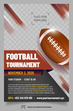 Amerikan futbol turnuvası afiş şablonu top ile, fotoğraf ve örnek metin için ayrı katman - vektör illüstrasyon