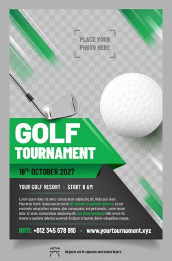 Golf poster template with club, ball and place for your photo - vector illustration